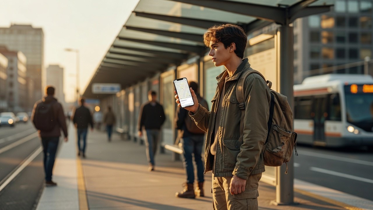 Solo traveler checking a route and safety message before a date.