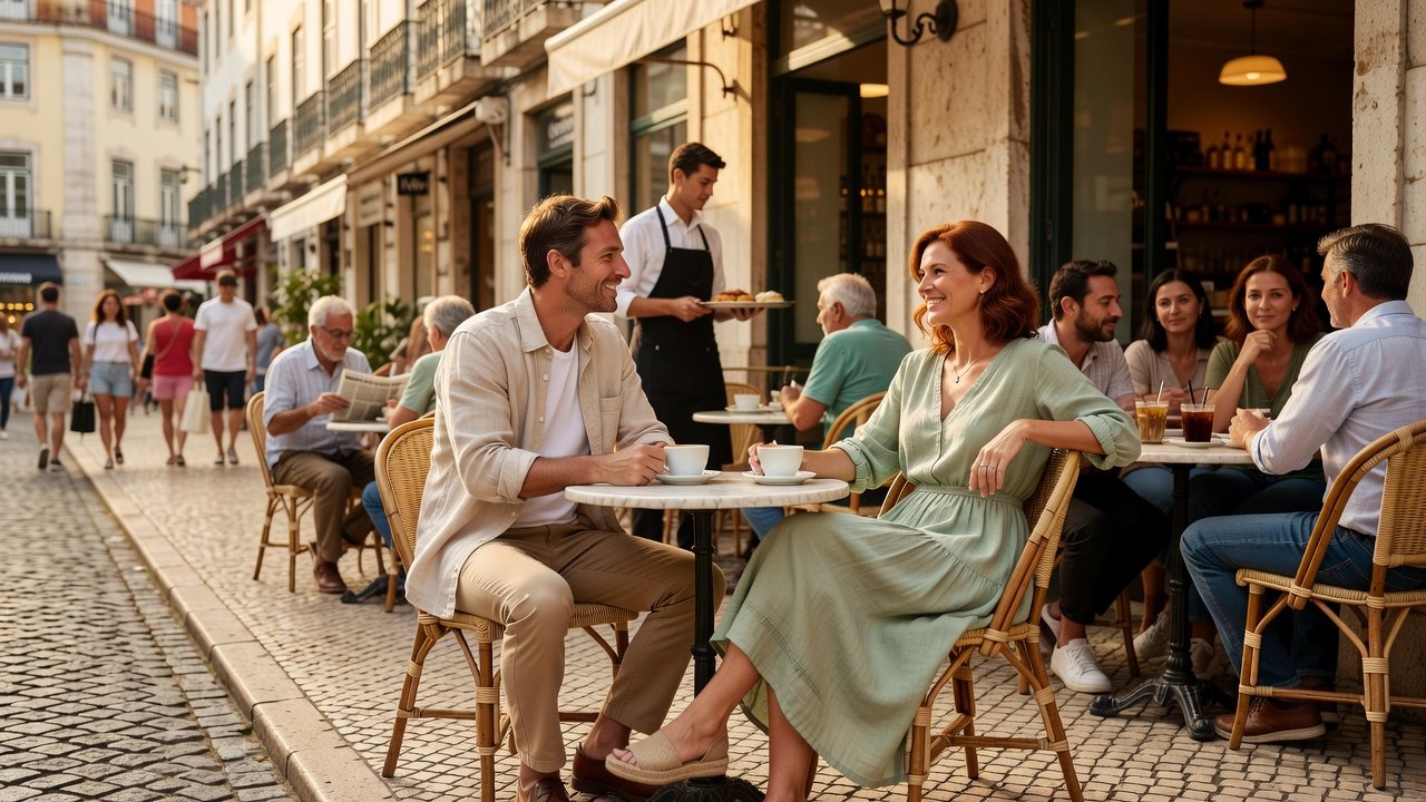 Two travelers meeting for a public first date at a lively cafe.