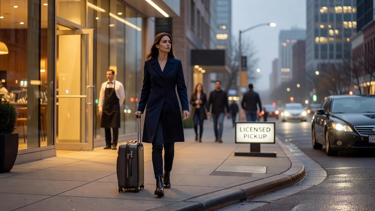Solo traveler leaving a public date spot with independent transport.